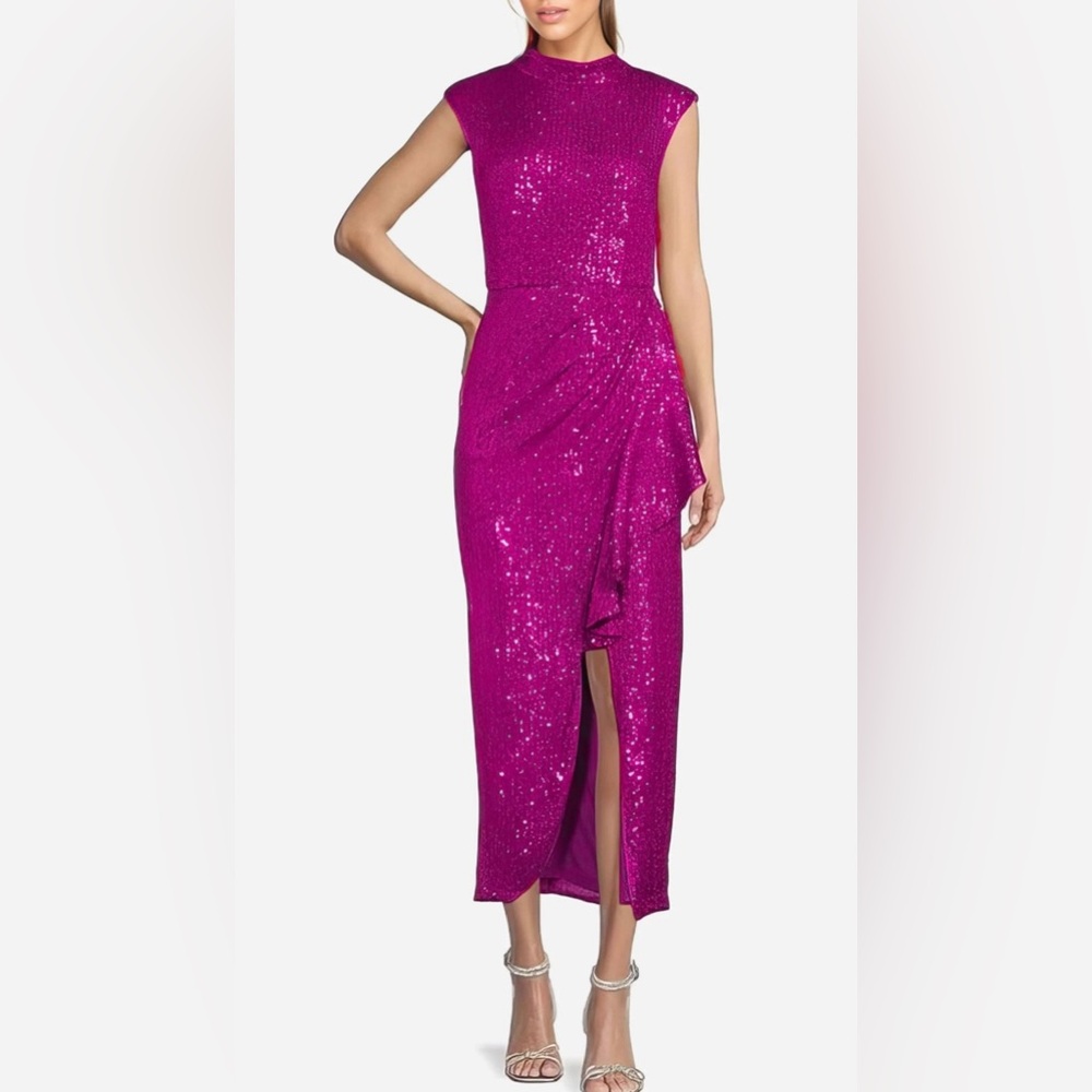 NWT Badgley Mischka Women's Dress Size 10 Sequin Isla Dress Pink Fuchsia